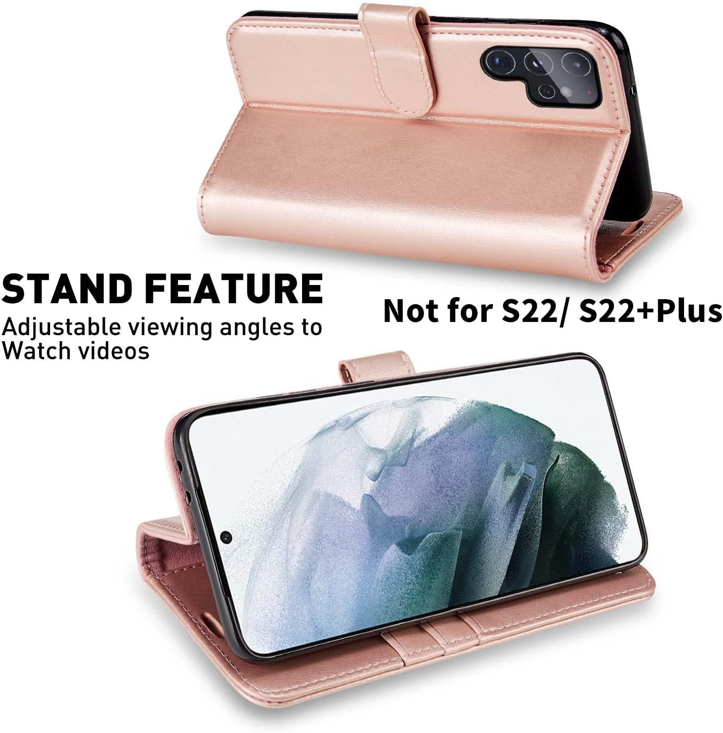Husa pentru Samsung Galaxy S22 Ultra 5G tip Carte, cu Portofel Interior, Monasay Leather Wallet Rosegold