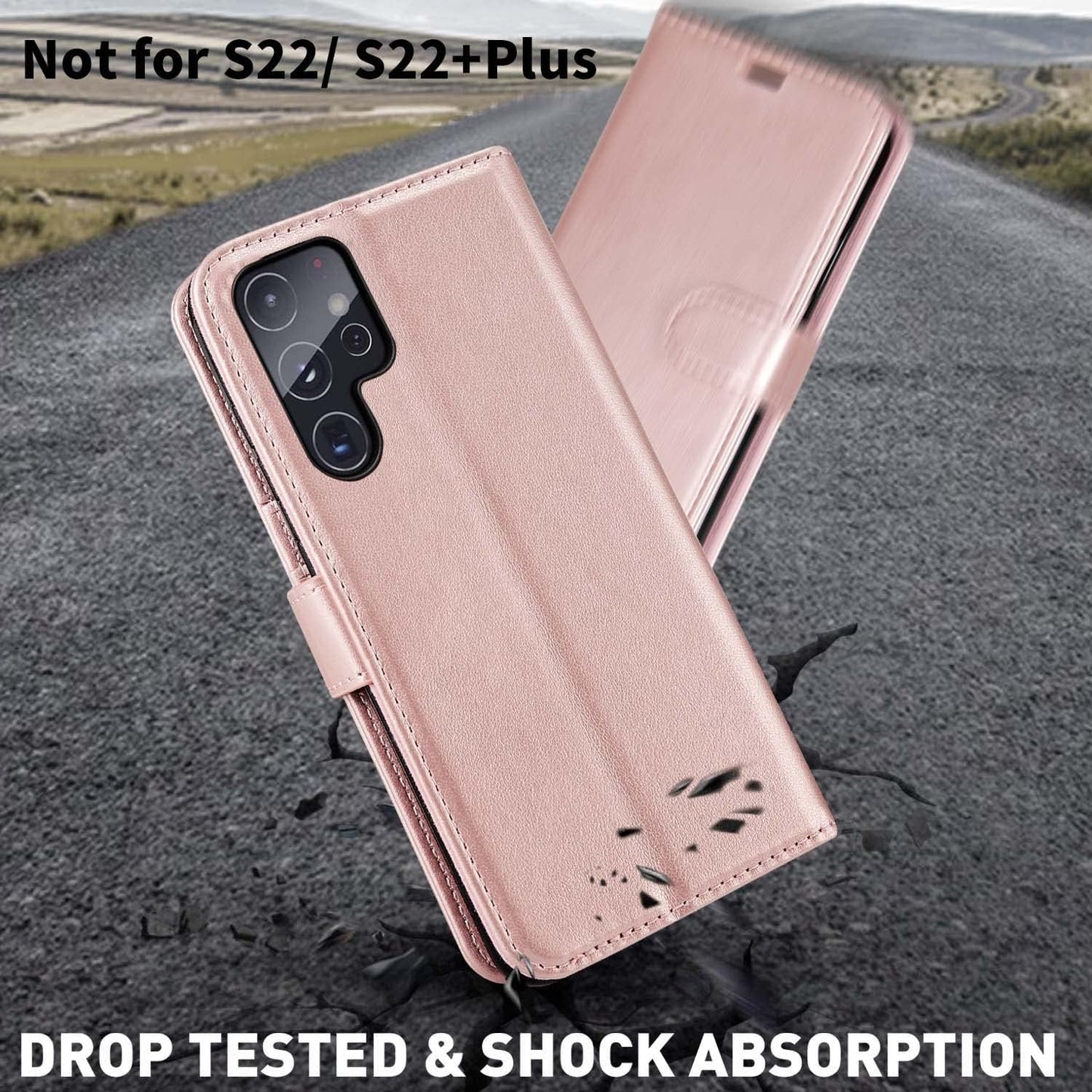 Husa pentru Samsung Galaxy S22 Ultra 5G tip Carte, cu Portofel Interior, Monasay Leather Wallet Rosegold