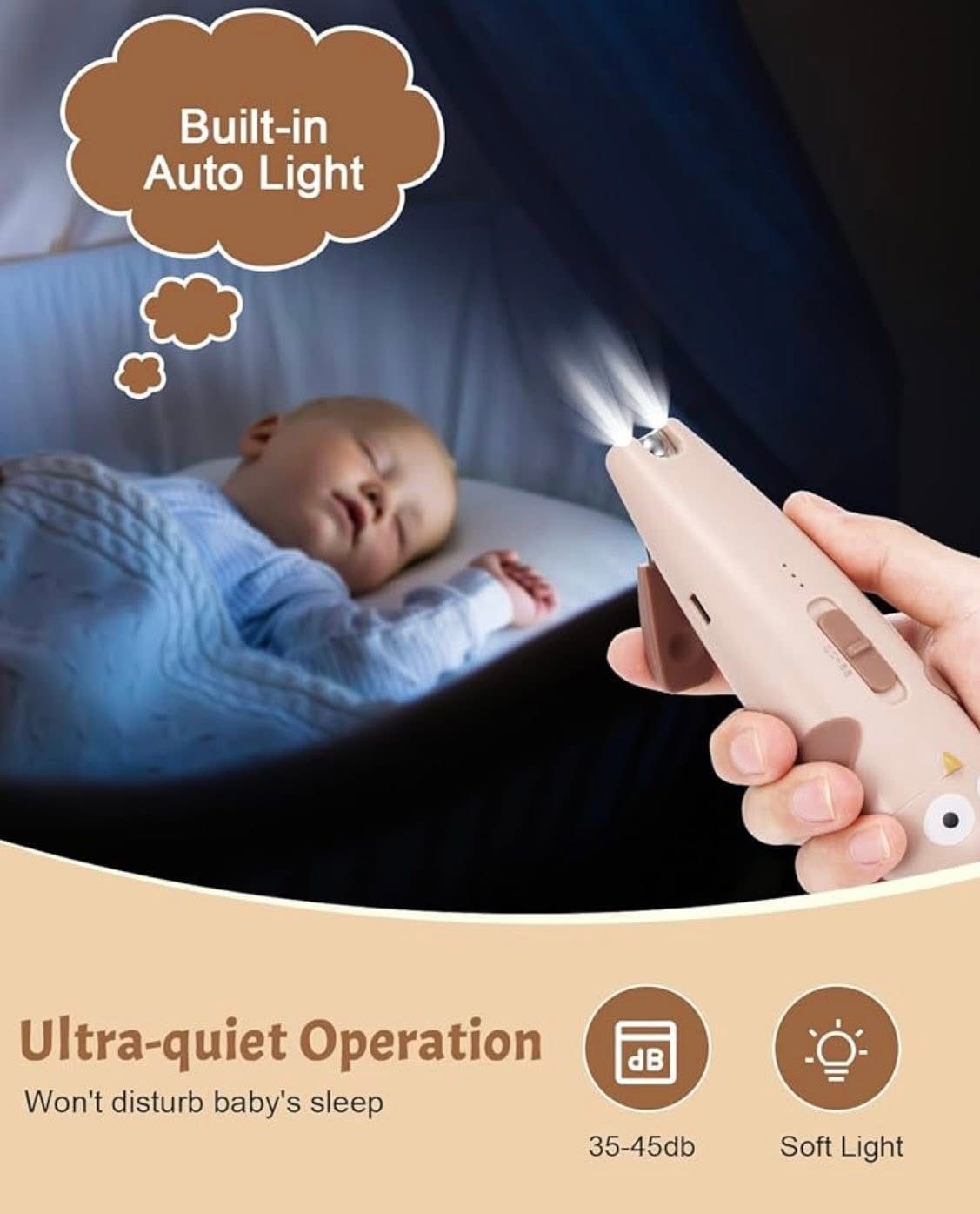 Set electric de îngrijire a unghiilor pentru bebeluși, 10 capete de șlefuit, cu lumina