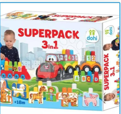 Joc de construit trenuleț cu tractor și animăluțe Superpack 3in1 , cuburi mari cu imprimeu de la 18 luni