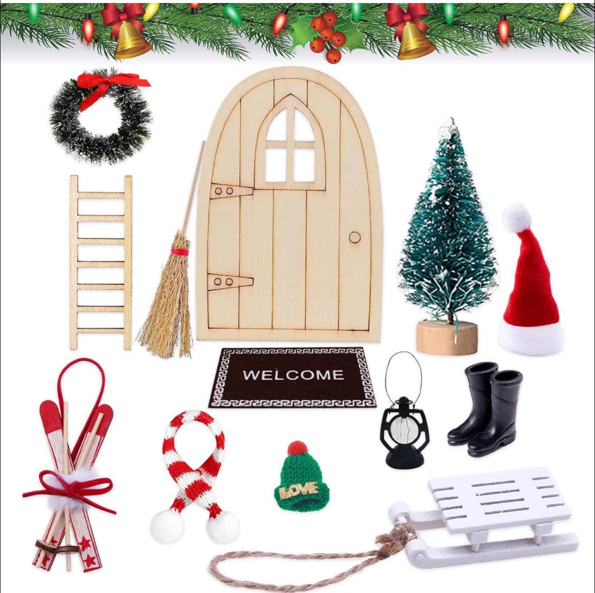 Kit de ușă de Crăciun în miniatură cu elf, decor de Crăciun în miniatură pentru casă de păpuși cu 13 piese