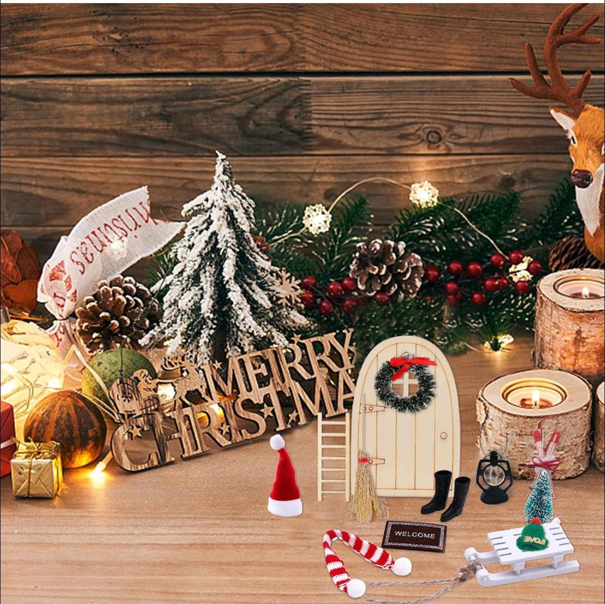 Kit de ușă de Crăciun în miniatură cu elf, decor de Crăciun în miniatură pentru casă de păpuși cu 13 piese
