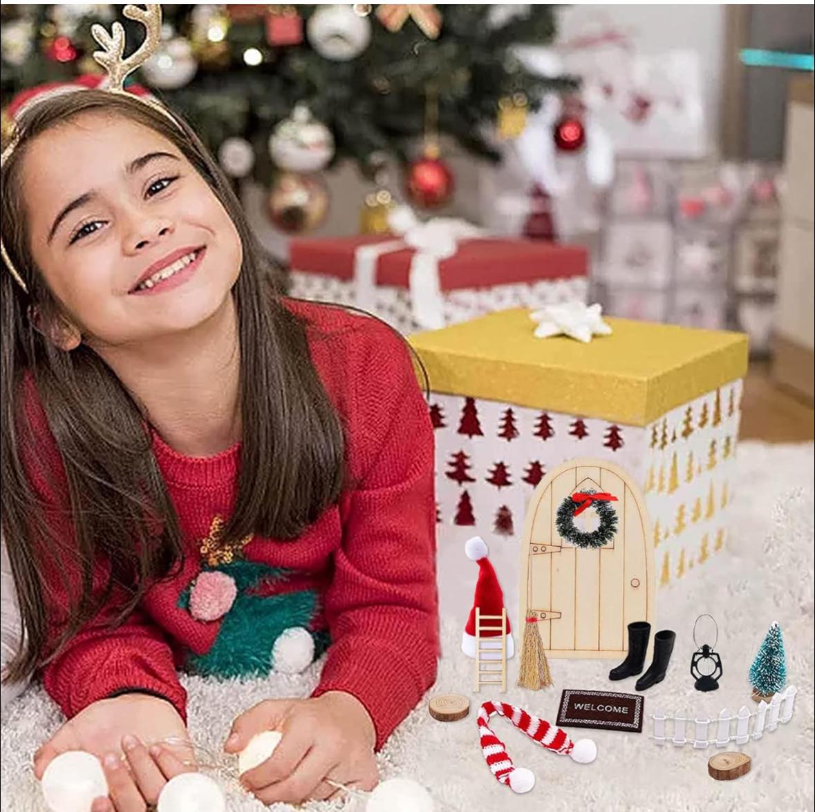 Kit de ușă de Crăciun în miniatură cu elf, decor de Crăciun în miniatură pentru casă de păpuși cu 13 piese