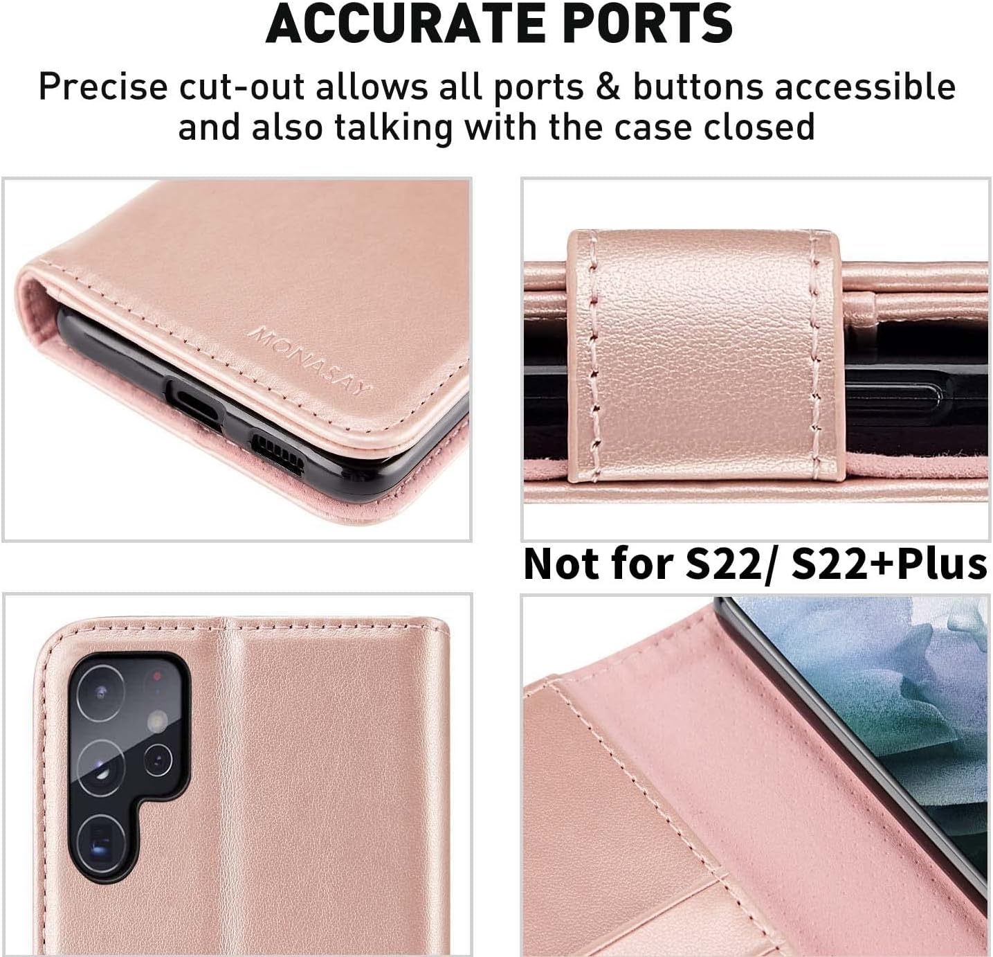 Husa pentru Samsung Galaxy S22 Ultra 5G tip Carte, cu Portofel Interior, Monasay Leather Wallet Rosegold