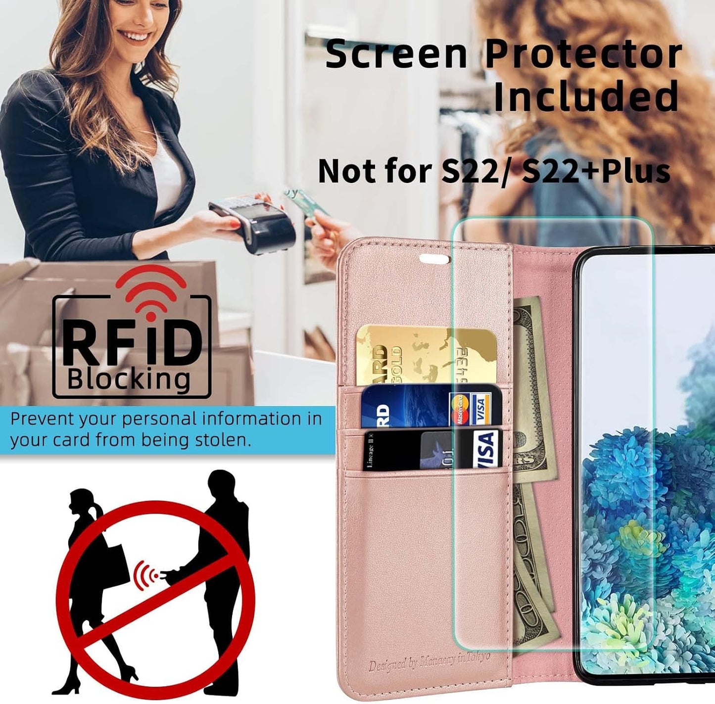 Husa pentru Samsung Galaxy S22 Ultra 5G tip Carte, cu Portofel Interior, Monasay Leather Wallet Rosegold