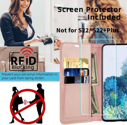 Husa pentru Samsung Galaxy S22 Ultra 5G tip Carte, cu Portofel Interior, Monasay Leather Wallet Rosegold