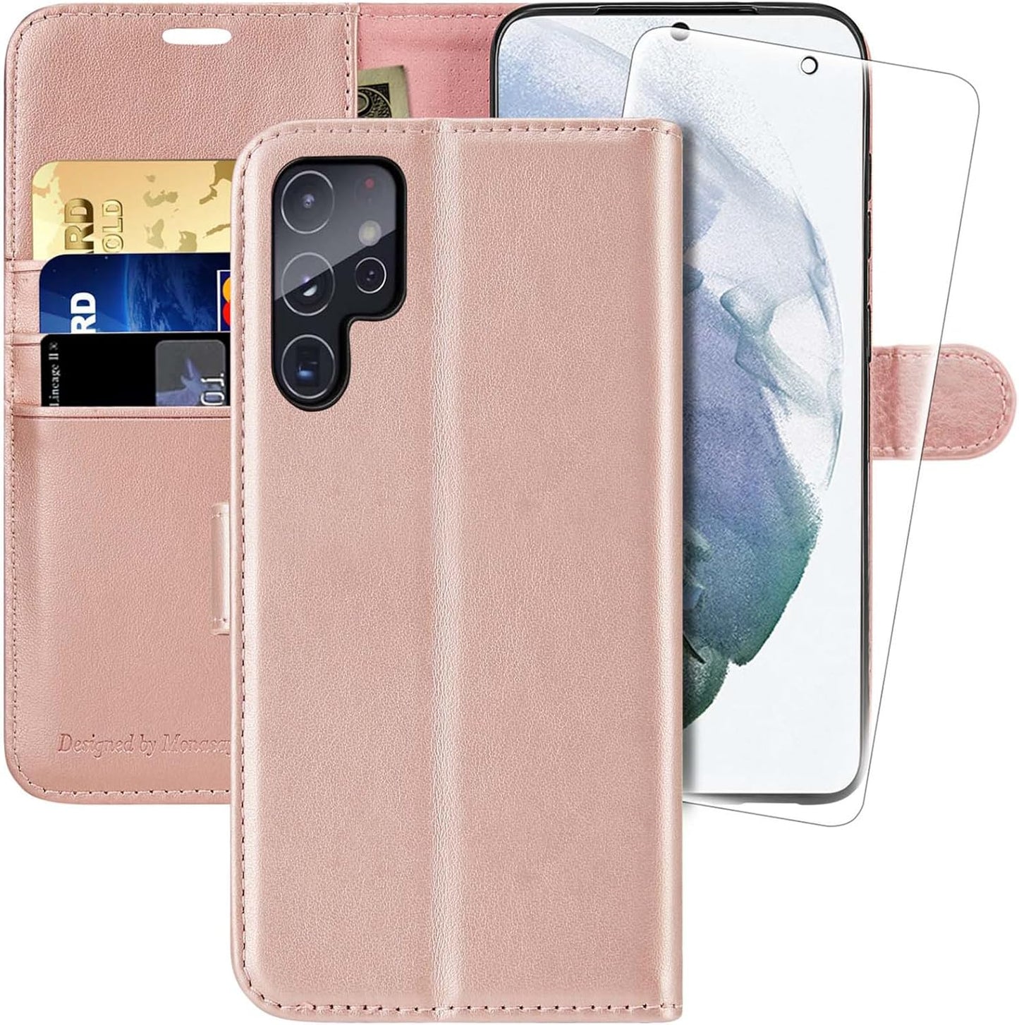 Husa pentru Samsung Galaxy S22 Ultra 5G tip Carte, cu Portofel Interior, Monasay Leather Wallet Rosegold
