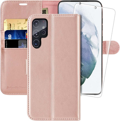 Husa pentru Samsung Galaxy S22 Ultra 5G tip Carte, cu Portofel Interior, Monasay Leather Wallet Rosegold
