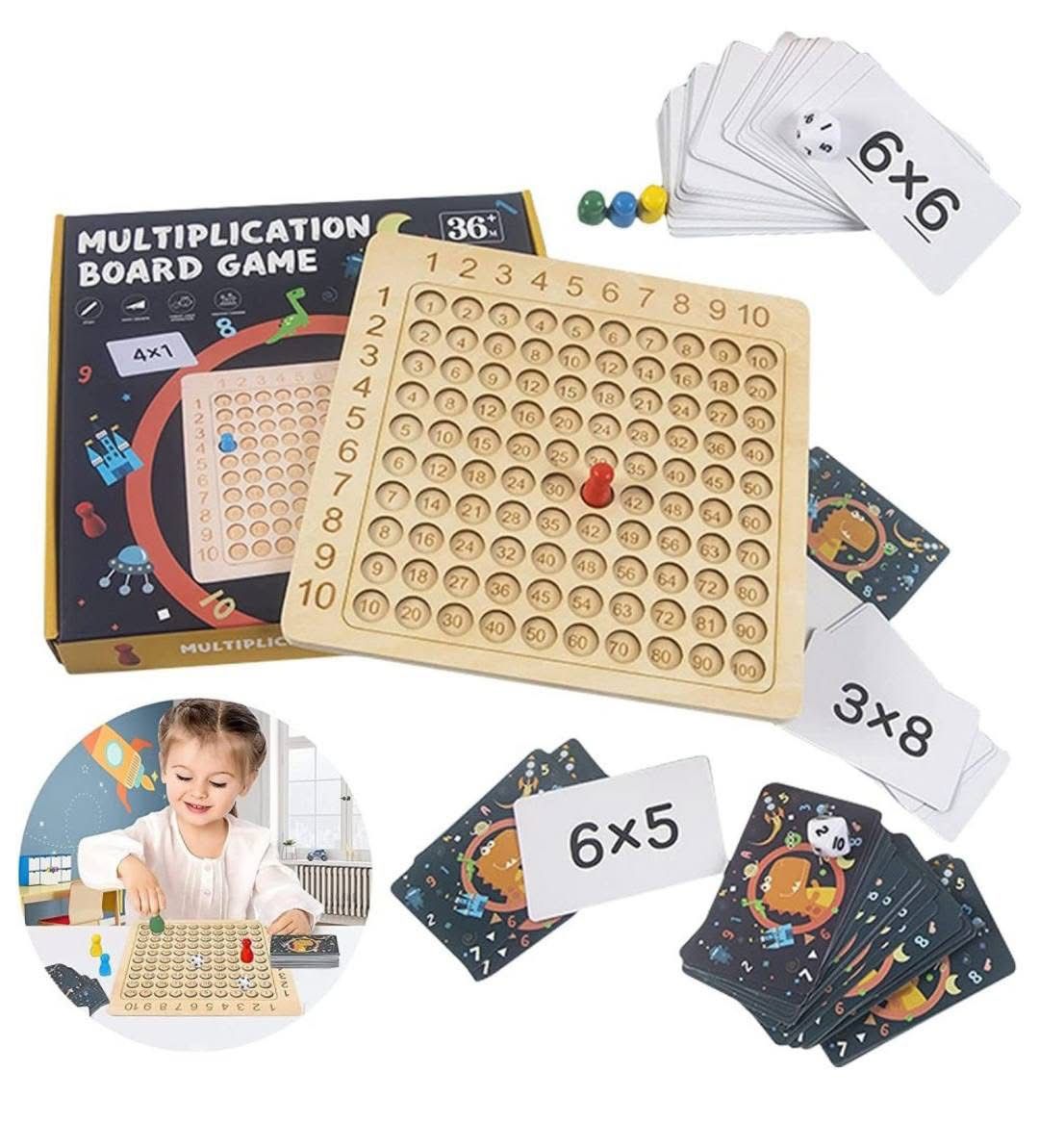 Joc educativ din lemn Masa de inmultire cu carti, zaruri si pioni, invatand sa numere