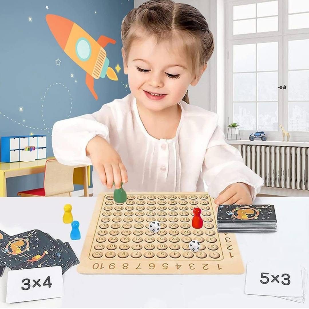 Joc educativ din lemn Masa de inmultire cu carti, zaruri si pioni, invatand sa numere