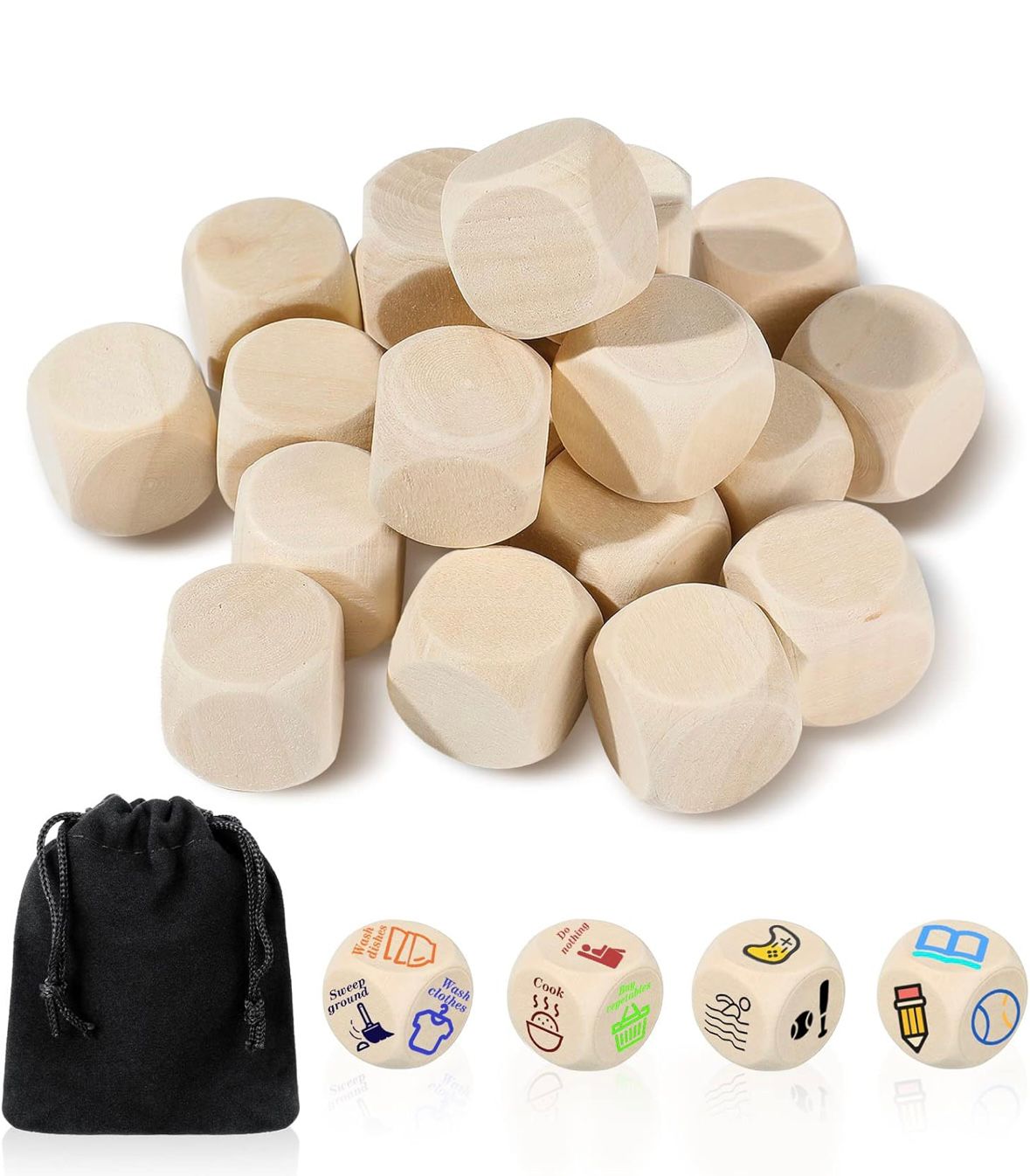 Kasyat 20 bucăți zaruri goale DIY cuburi din lemn goale pentru etichetarea cubului simplu nevopsit cu colțuri rotunjite blocuri cu 6 fețe (lemn, 20 mm)