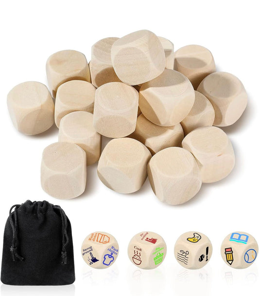 Kasyat 20 bucăți zaruri goale DIY cuburi din lemn goale pentru etichetarea cubului simplu nevopsit cu colțuri rotunjite blocuri cu 6 fețe (lemn, 20 mm)