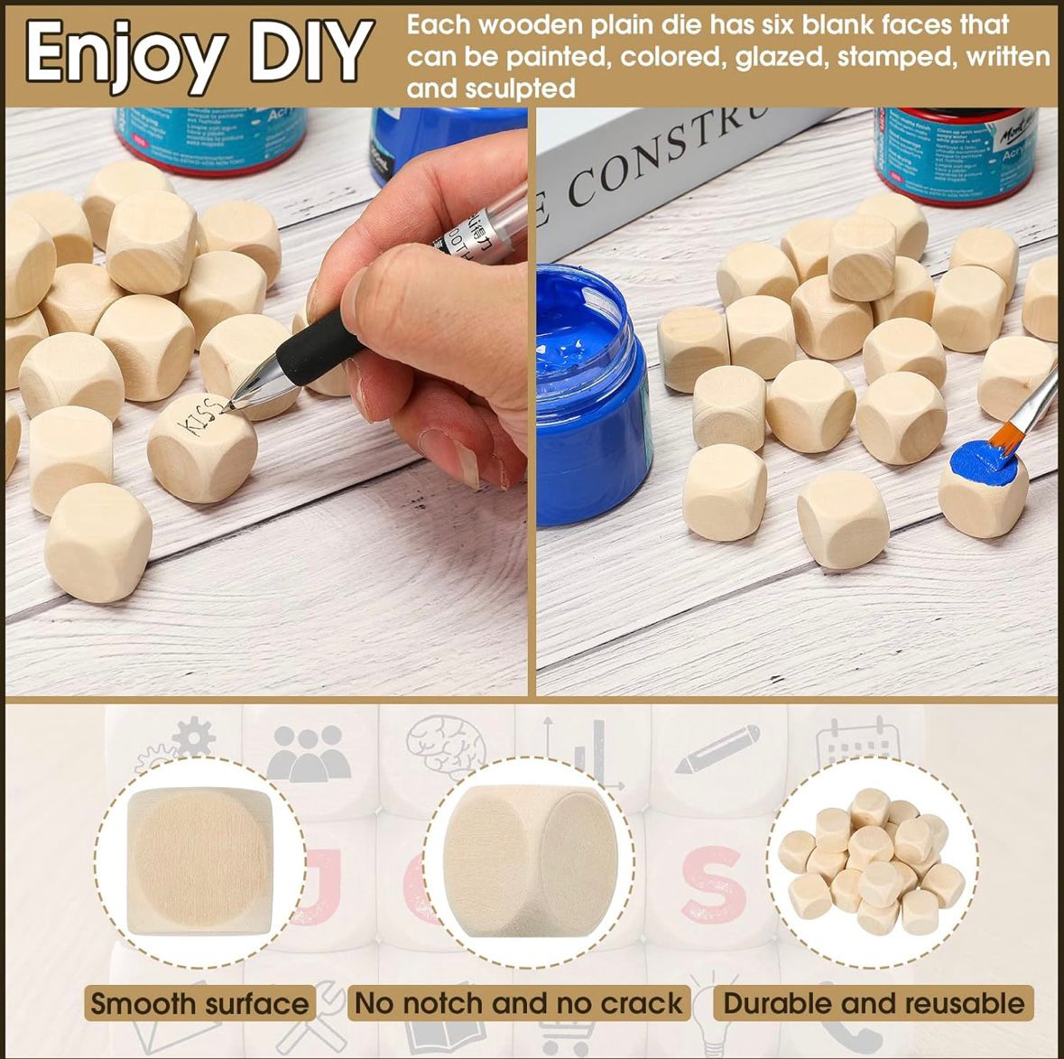 Kasyat 20 bucăți zaruri goale DIY cuburi din lemn goale pentru etichetarea cubului simplu nevopsit cu colțuri rotunjite blocuri cu 6 fețe (lemn, 20 mm)