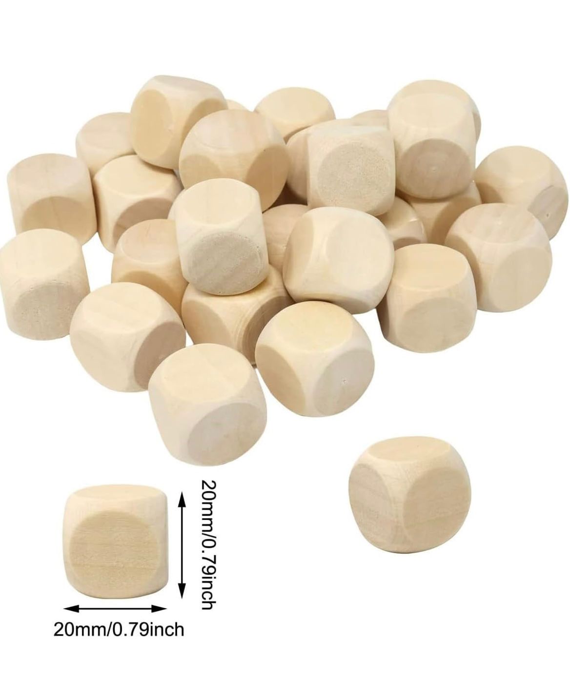 Kasyat 20 bucăți zaruri goale DIY cuburi din lemn goale pentru etichetarea cubului simplu nevopsit cu colțuri rotunjite blocuri cu 6 fețe (lemn, 20 mm)