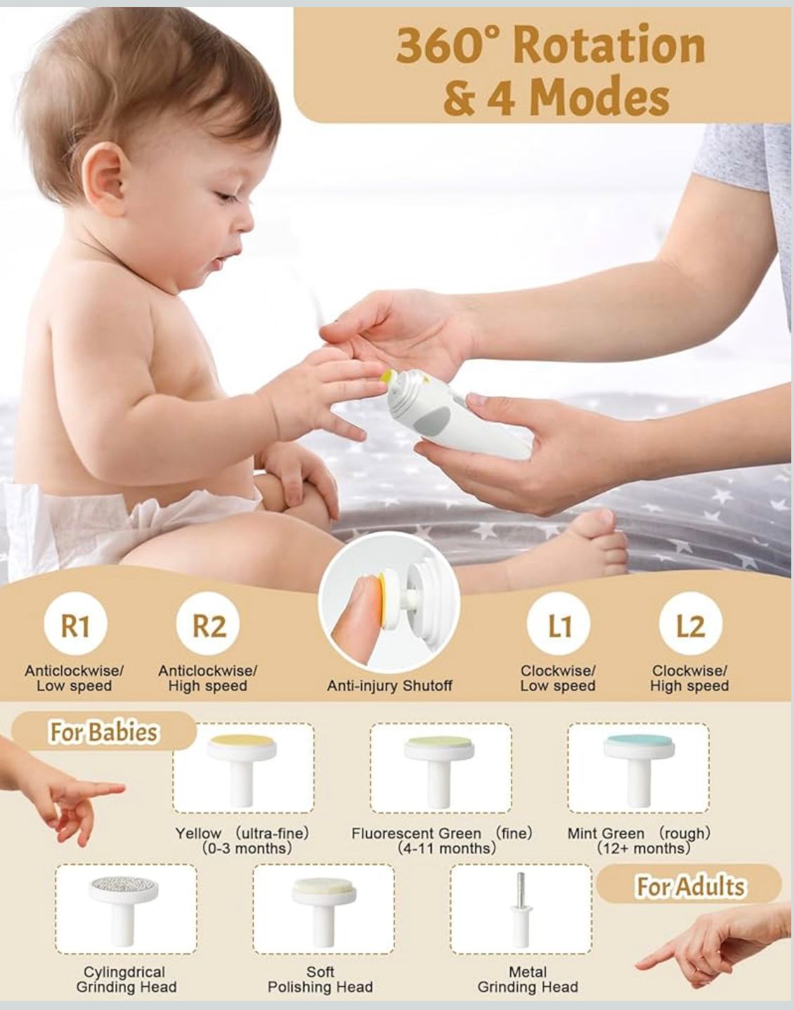 Set de îngrijire unghii Lictin, 26 în 1, 6 capete de șlefuire, gri