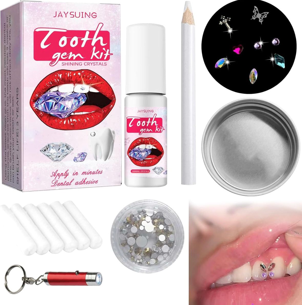 Kit de bijuterii dentare, cristale colorate si albe,Kit de pietre prețioase pentru dinți reflectorizante DIY