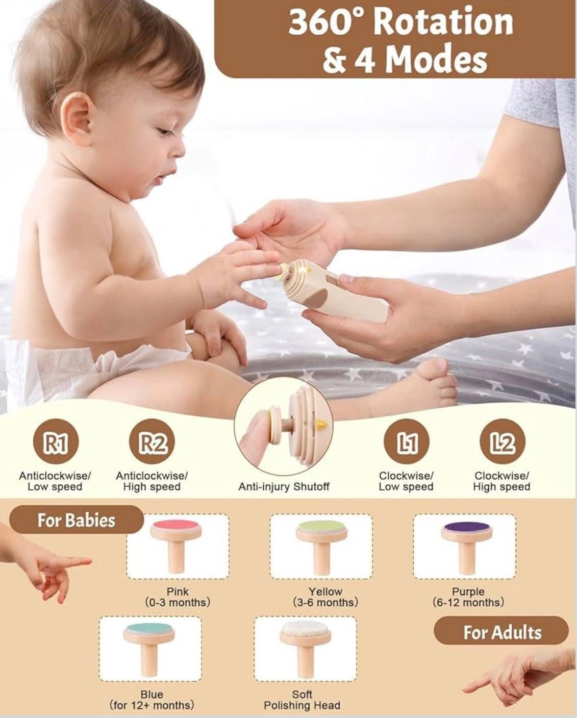 Set electric de îngrijire a unghiilor pentru bebeluși, 10 capete de șlefuit, cu lumina